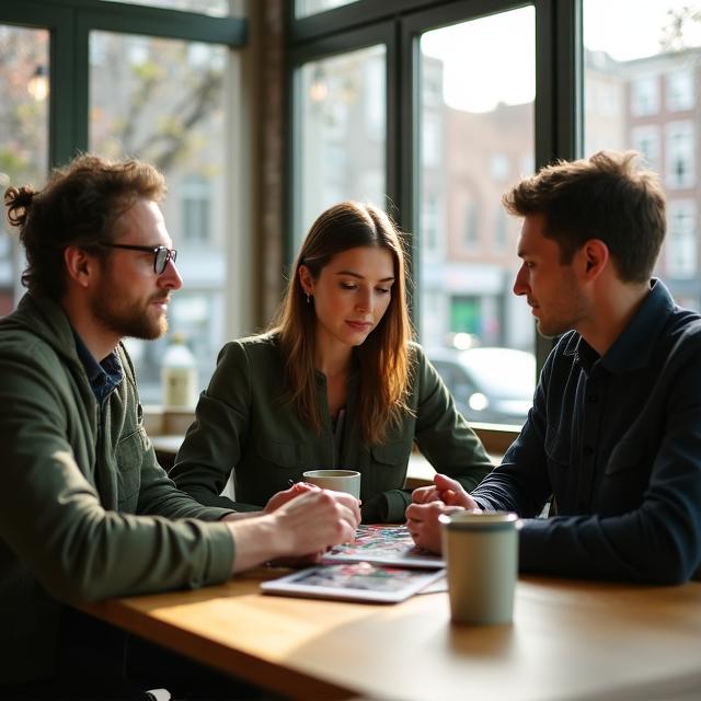 Dutch film enthusiasts discussing cinema in a cozy, minimalist cafe setting